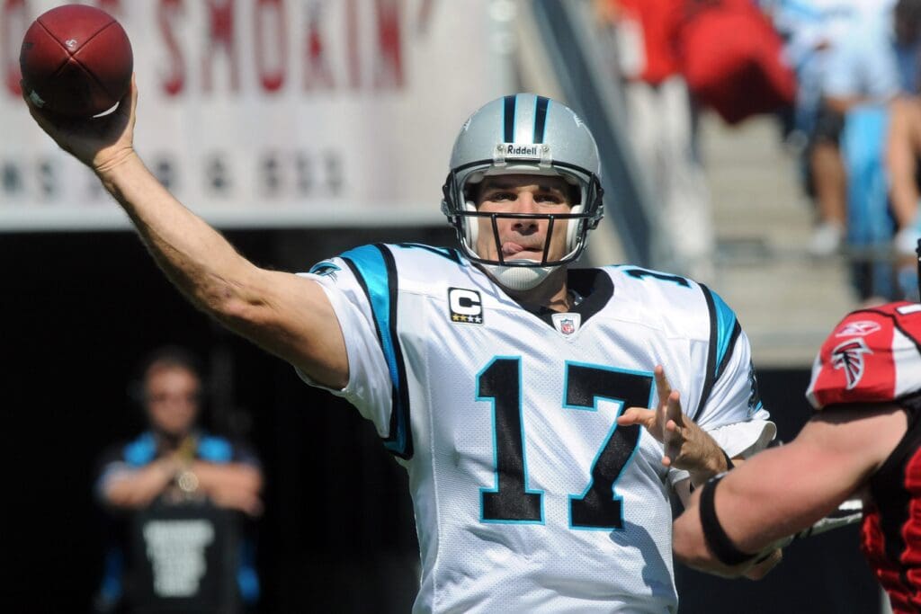 Sept. 28, 2008; Charlotte, NC, USA; Carolina Panthers quarterback Jake Delhomme (17) against the Atlanta Falcons at Bank of America Stadium.