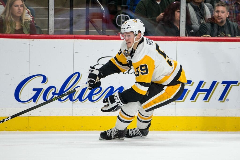 Nov 25, 2016; Saint Paul, MN, USA; Pittsburgh Penguins forward Jake Guentzel (59) against the Minnesota Wild at Xcel Energy Center. The Wild defeated the Penguins 6-2.