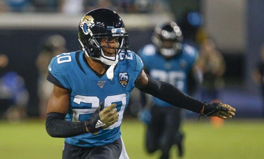 Sep 19, 2019; Jacksonville, FL, USA; Jacksonville Jaguars cornerback Jalen Ramsey (20) runs a cover route during the second half against the Tennessee Titans at TIAA Bank Field.