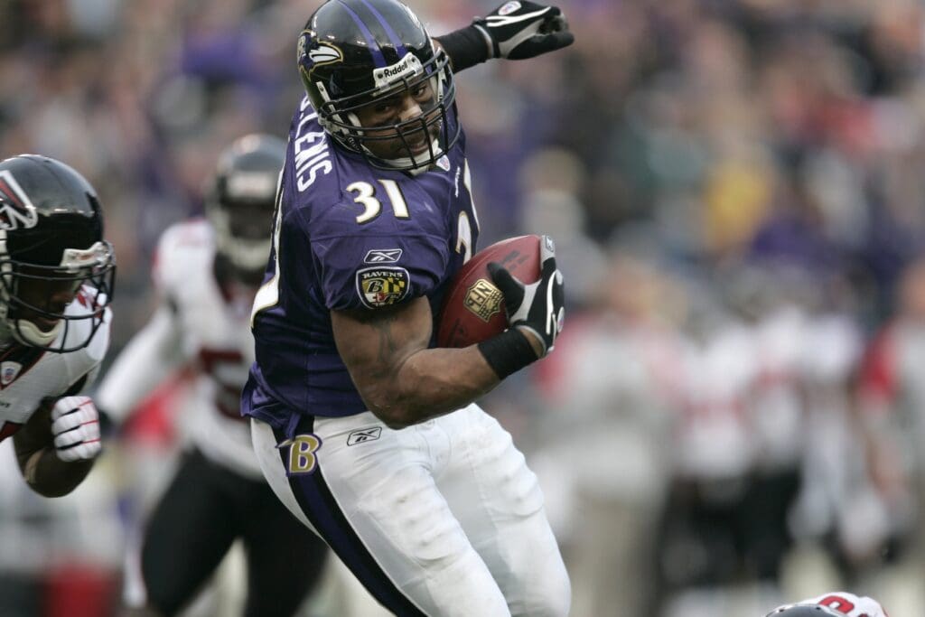 Nov 19, 2006; Baltimore, MD, USA; Baltimore Ravens running back (31) Jamal Lewis carries the ball for his second of three touchdowns against the Atlanta Falcons in the third quarter at M&T Bank Stadium in Baltimore, MD.