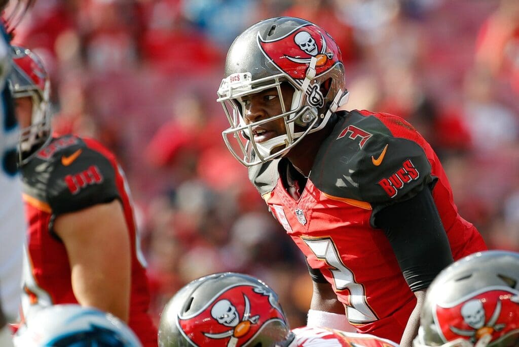 Jan 1, 2017; Tampa, FL, USA; Tampa Bay Buccaneers quarterback Jameis Winston (3) looks on against the Carolina Panthers during the second half at Raymond James Stadium. Tampa Bay Buccaneers defeated the Carolina Panthers 17-16.