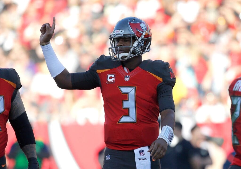 Dec 31, 2017; Tampa, FL, USA; Tampa Bay Buccaneers quarterback Jameis Winston (3) points against the New Orleans Saints during the first quarter at Raymond James Stadium.