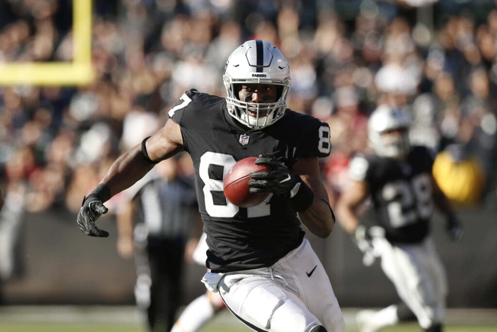 Dec 2, 2018; Oakland, CA, USA; Oakland Raiders tight end Jared Cook (87) runs with the ball after making a catch against the Kansas City Chiefs in the second quarter at Oakland Coliseum.