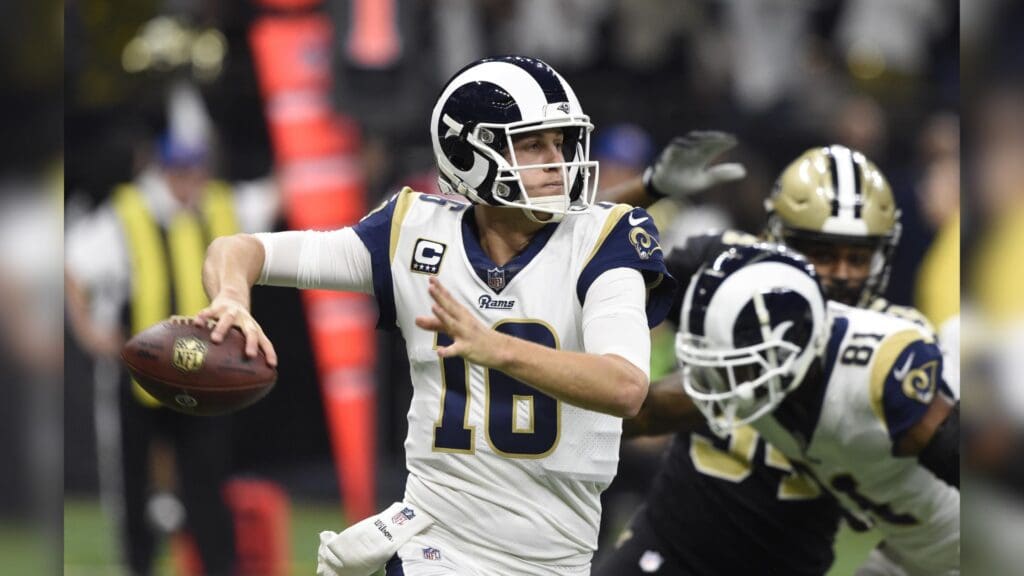 Jan 20, 2019; New Orleans, LA, USA; Los Angeles Rams quarterback Jared Goff (16) drops back to pass against the New Orleans Saints during the first quarter in the NFC Championship game at Mercedes-Benz Superdome.