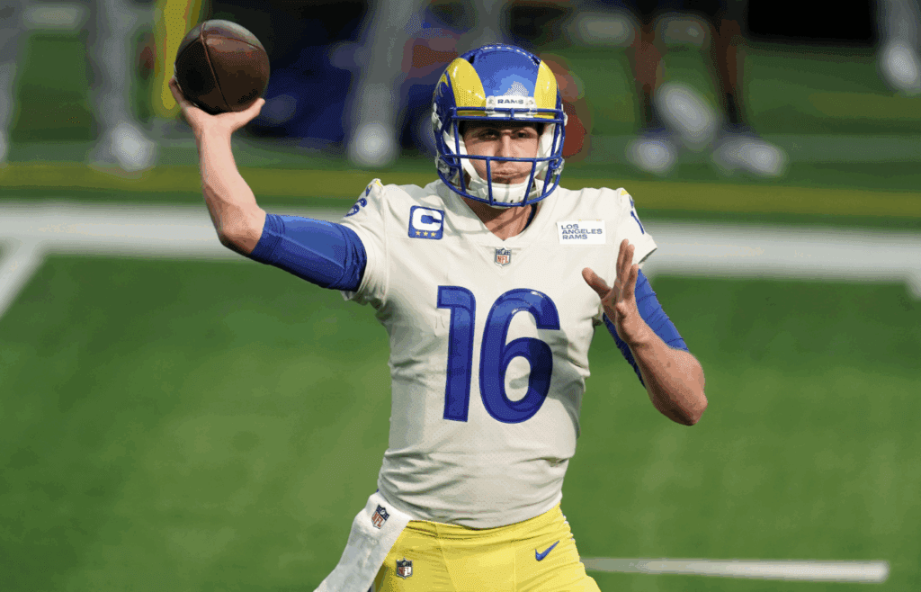 Dec 20, 2020; Inglewood, California, USA; Los Angeles Rams quarterback Jared Goff (16) throws the ball in the first quarter against the New York Jets at SoFi Stadium. The Jets defeated the Rams 23-20