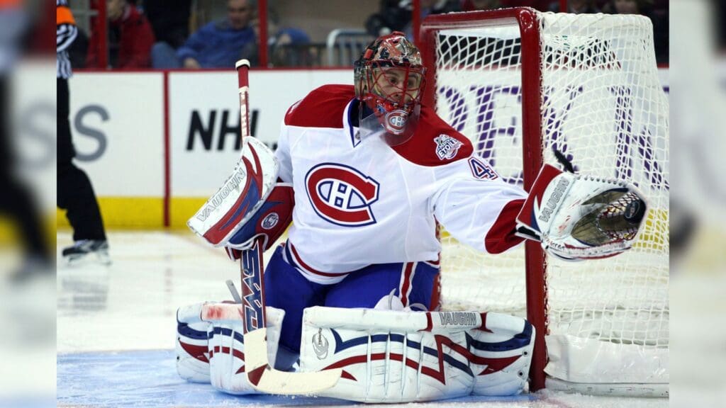 December 16, 2008; Raleigh, NC, USA; Montreal Canadiens goalie Jaroslav Halak (41) makes a second period save against the Carolina Hurricanes at the RBC Center.