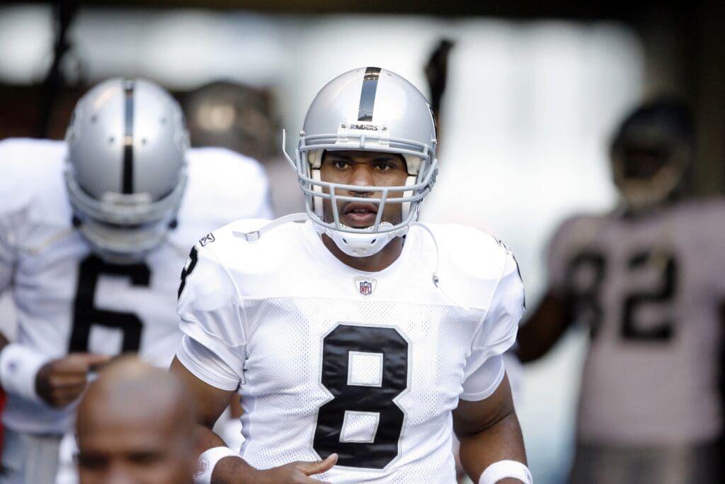 Sept 2, 2011, Seattle, WA, USA; Oakland Raiders quarterback Jason Campbell (8) before the game against the Seattle Seahawks at CenturyLink Field.