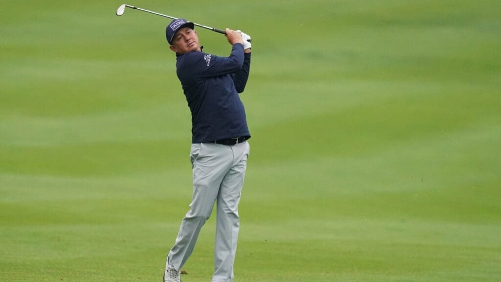 Aug 6, 2020; San Francisco, California, USA; Jason Dufner hits from the fairway on the 10th hole during the first round of the 2020 PGA Championship golf tournament at TPC Harding Park. 