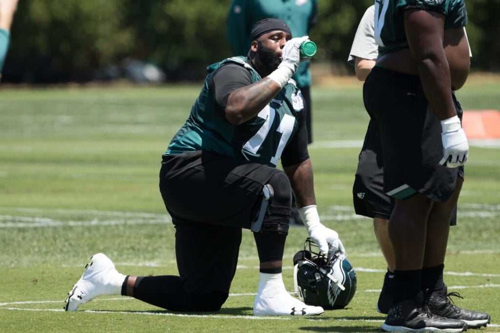 Jun 12, 2018; Philadelphia, PA, USA; Philadelphia Eagles offensive tackle Jason Peters (71) takes a break during minicamp at Novacare Complex.