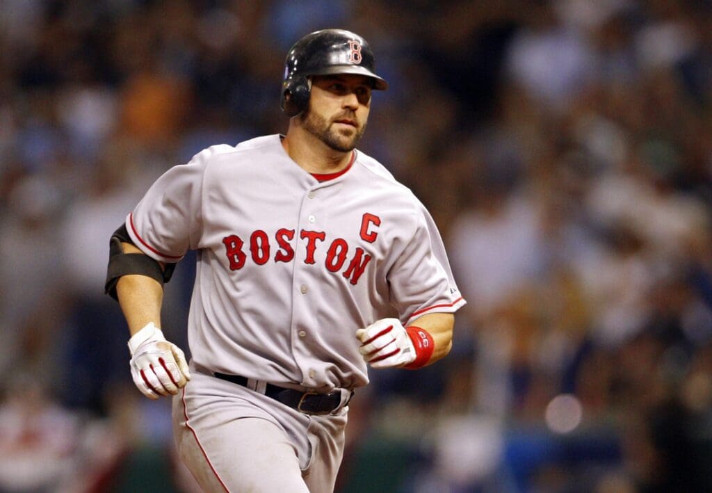 Oct 18, 2008; St. Petersburg, FL, USA; Boston Red Sox catcher Jason Varitek (33) runs the bases after hitting a solo home run against the Tampa Bay Rays during the sixth inning in game six of the ALCS at Tropicana Field.
