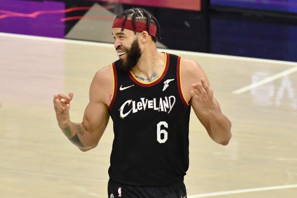 Dec 27, 2020; Cleveland, Ohio, USA; Cleveland Cavaliers center JaVale McGee (6) celebrates a three pointer during the second quarter against the Philadelphia 76ers at Rocket Mortgage FieldHouse.
