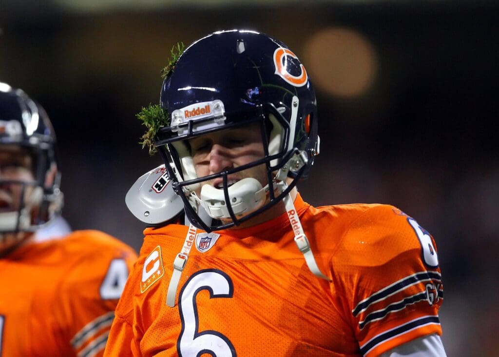 Nov 13, 2011; Chicago, IL, USA; Chicago Bears quarterback Jay Cutler (6) with turf in his helmet in the second half against the Detroit Lions at Soldier Field. The Bears defeated the Lions 37-13.