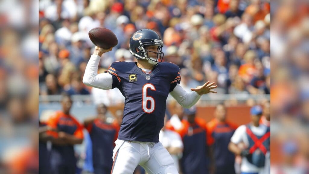 Sep 8, 2013; Chicago, IL, USA; Chicago Bears quarterback Jay Cutler (6) throws a pass during the first quarter against the Cincinnati Bengals at Soldier Field.