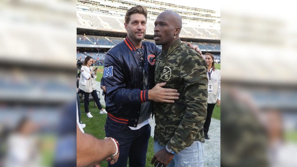 Sep 5, 2019; Chicago, IL, USA; Former Chicago Bears quarterback Jay Cutler (left) greets former NFL player Chad Ocho Cinco (right) prior to the game between the Green Bay Packers and the Chicago Bears at Soldier Field.