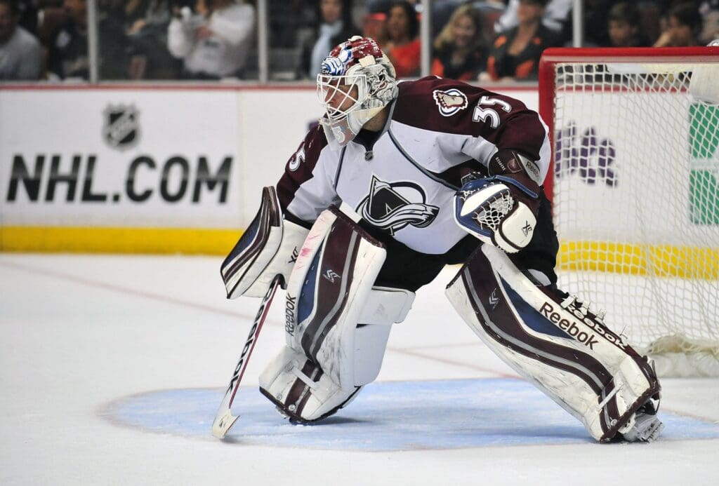 April 13, 2014; Anaheim, CA, USA; Colorado Avalanche goalie Jean-Sebastien Giguere (35) defends the goal against the Anaheim Ducks during the second period at Honda Center.