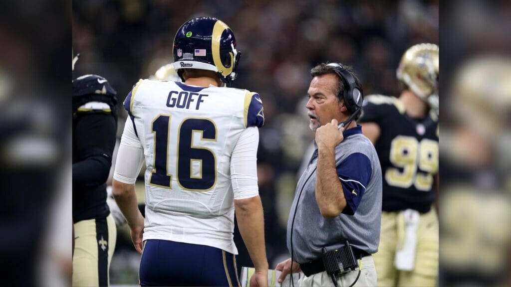 Nov 27, 2016; New Orleans, LA, USA; Los Angeles Rams quarterback Jared Goff (16) talks to head coach Jeff Fisher in the second quarter against the New Orleans Saints at the Mercedes-Benz Superdome.