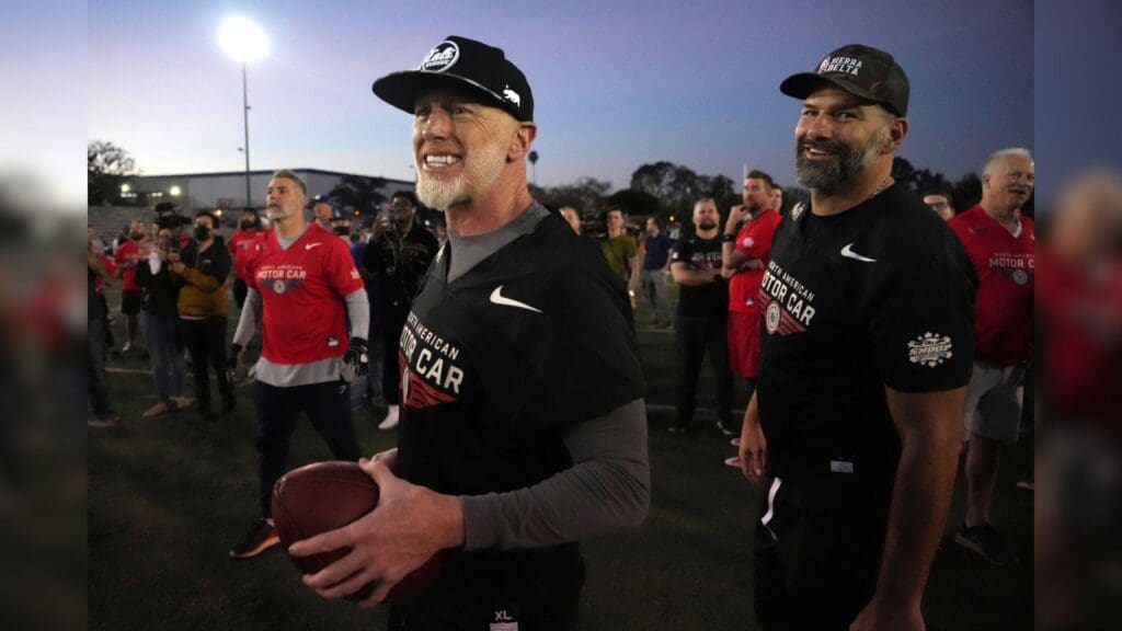 Feb 8, 2022; Los Angeles, CA, USA; Jeff Garcia (left) and Sean Morey react during the Stars and Stripes Bowl flag football game to benefit Sierra Delta and Snoop Special Stars at Rancho Cienega Sports Complex.