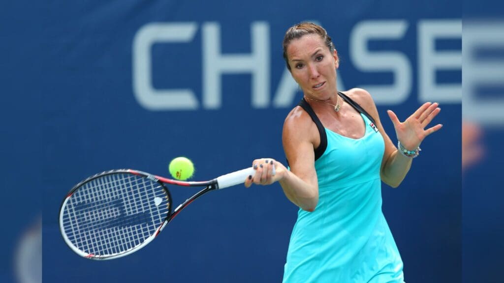Aug 31, 2015; New York, NY, USA; Jelena Jankovic of Serbia returns a shot against Oceane Dodin of France on day one of the 2015 U.S. Open tennis tournament at USTA Billie Jean King National Tennis Center.