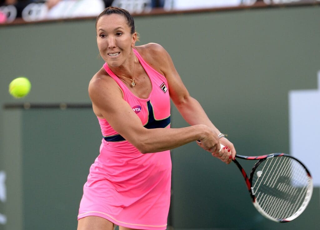 Mar 16, 2015; Indian Wells, CA, USA; Jelena Jankovic (SRB) during her match against Madison Keys (USA) at the BNP Paribas Open at the Indian Wells Tennis Garden.