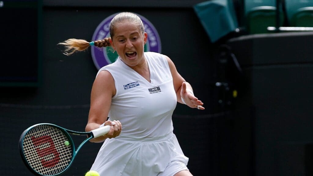 Jul 10, 2024; London, United Kingdom; Jelena Ostapenko (LAT) hits a forehand against Barbora Krejcikova (CZE)(not pictured) in a ladies' singles quarter final match of The Championships Wimbledon 2024 at The All England Lawn Tennis Club.