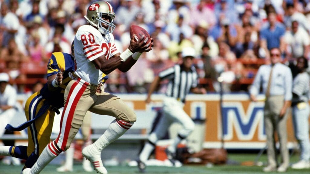Sep 14, 1986; Anaheim, CA, USA; FILE PHOTO; San Francisco 49ers receiver Jerry Rice (80) in action against the Los Angeles Rams at Anaheim Stadium