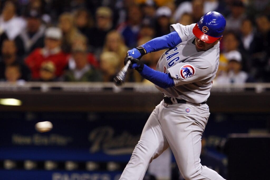 June 4, 2008; San Diego, CA, USA; Chicago Cubs center fielder Jim Edmonds (15) singles out during the eighth inning in a game against the San Diego Padres at Petco Park. The Padres beat the Cubs 2-1