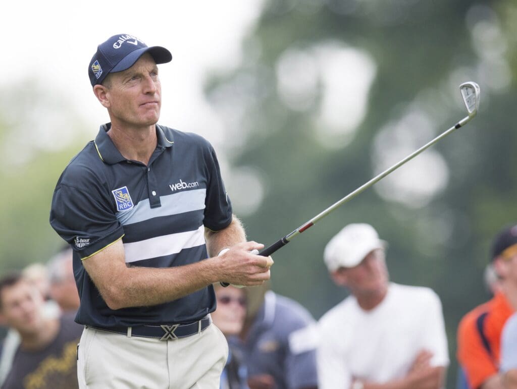 Aug 8, 2015; Akron, OH, USA; Jim Furyk follows his tee shot on the fifteenth hole at Firestone Country Club - South Course.