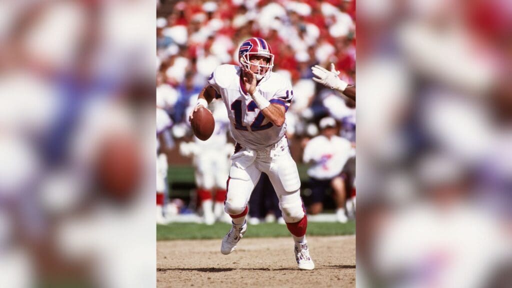 Sep 13, 1992; San Francisco, CA, USA; FILE PHOTO; Buffalo Bills quarterback Jim Kelly (12) in action against the San Francisco 49ers at Candlestick Park.