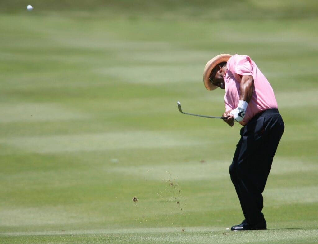 May 13, 2006; Sandestin, FL, USA; Jim Thorpe hits his approach shot to the 13th hole of the Raven course during the second round of the Boeing Championships at Sandestin.