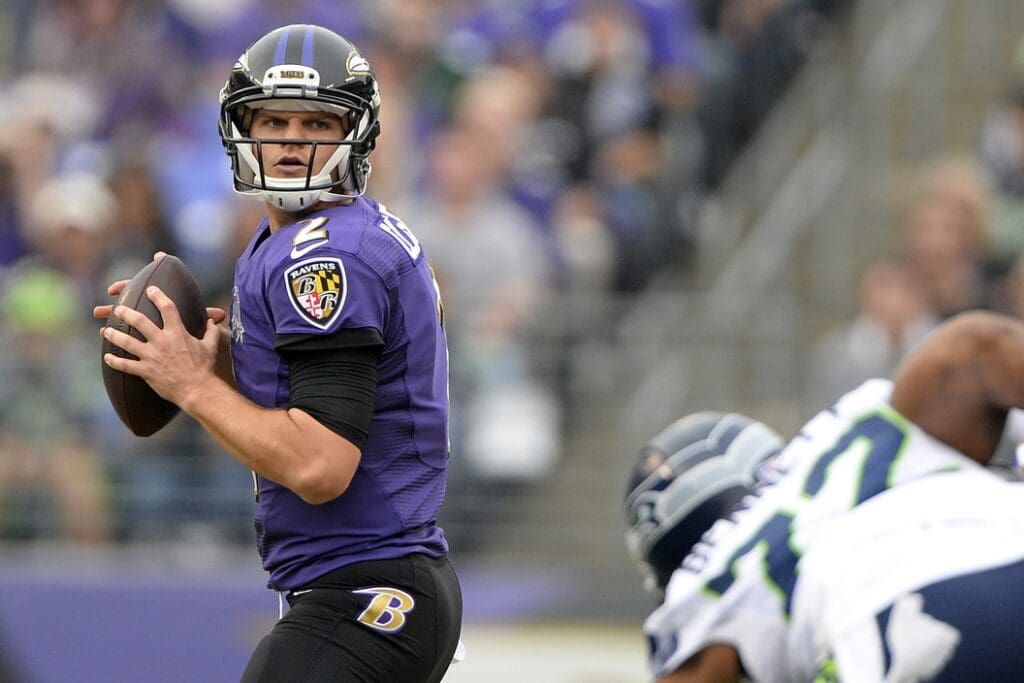 Dec 13, 2015; Baltimore, MD, USA; Baltimore Ravens quarterback Jimmy Clausen (2) looks tho pass during the first quarter against the Seattle Seahawks at M&T Bank Stadium.