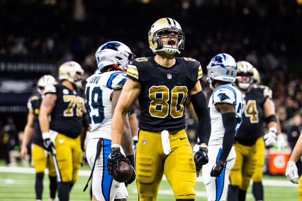 Dec 10, 2023; New Orleans, Louisiana, USA; New Orleans Saints tight end Jimmy Graham (80) yells after catching a pass against the Carolina Panthers during the second half at the Caesars Superdome.