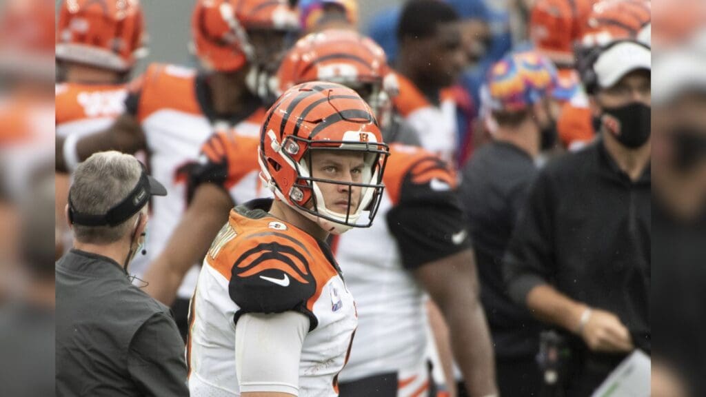 Oct 11, 2020; Baltimore, Maryland, USA; Cincinnati Bengals quarterback Joe Burrow (9) stands on the sidelines during the second quarter of the game against the Baltimore Ravens at M&T Bank Stadium.