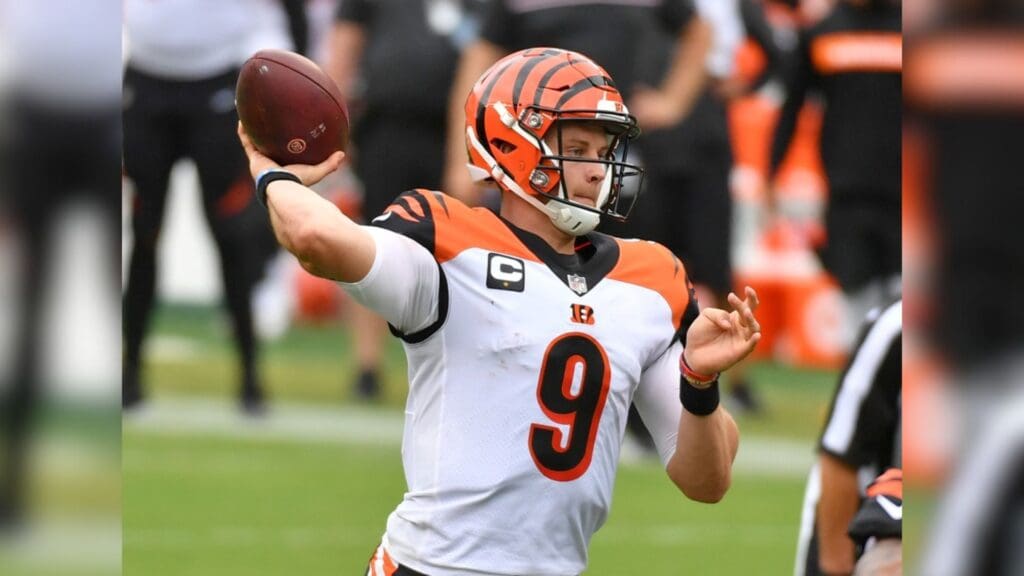 Sep 27, 2020; Philadelphia, Pennsylvania, USA; Cincinnati Bengals quarterback Joe Burrow (9) throws a pass against the Philadelphia Eagles during the third quarter at Lincoln Financial Field.