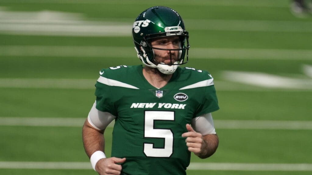 Dec 20, 2020; Inglewood, California, USA; New York Jets quarterback Joe Flacco (5) before the game against the Los Angeles Rams at SoFi Stadium.