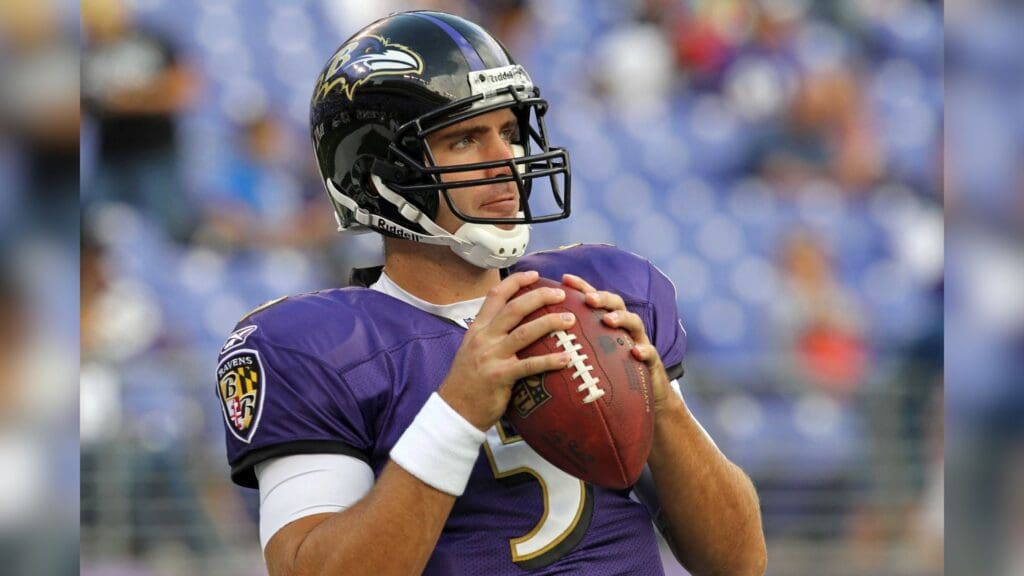 August 19, 2011; Baltimore, MD, USA; Baltimore Ravens quarterback Joe Flacco (5) prior to their game against the Kansas City Chiefs at M&T Bank Stadium.
