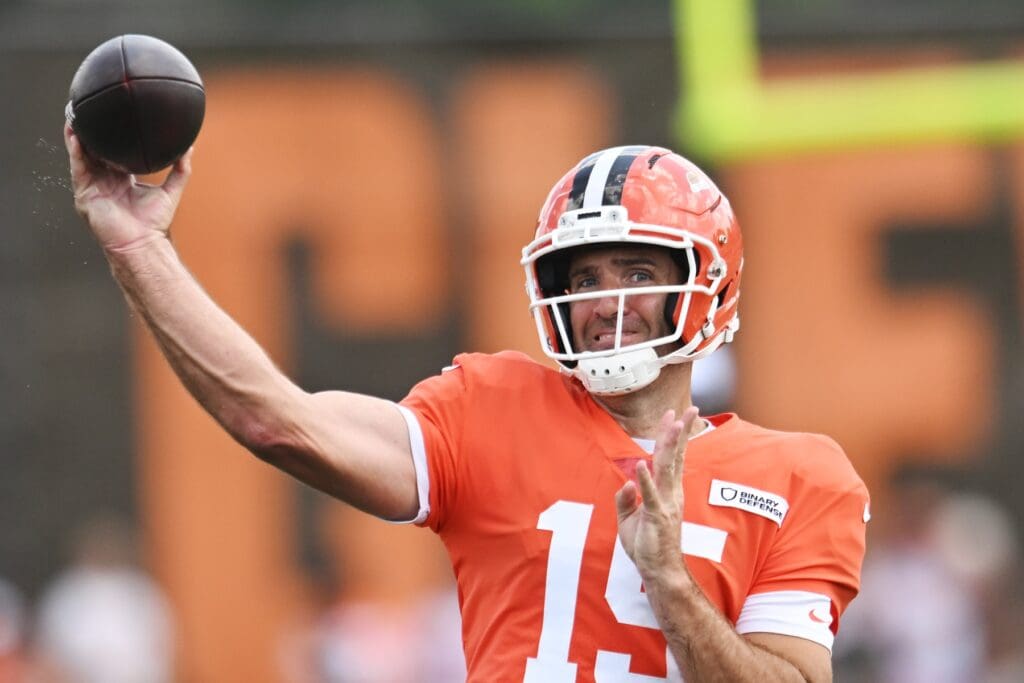 Jul 28, 2025; Berea, OH, USA; Cleveland Browns quarterback Joe Flacco (15) throws a pass during training camp at CrossCountry Mortgage Campus.