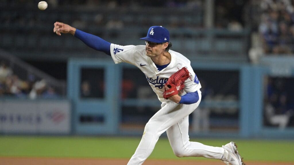 Aug 7, 2024; Los Angeles, California, USA; Los Angeles Dodgers relief pitcher Joe Kelly (99) delivers to the plate in the sixth inning against the Philadelphia Phillies at Dodger Stadium.