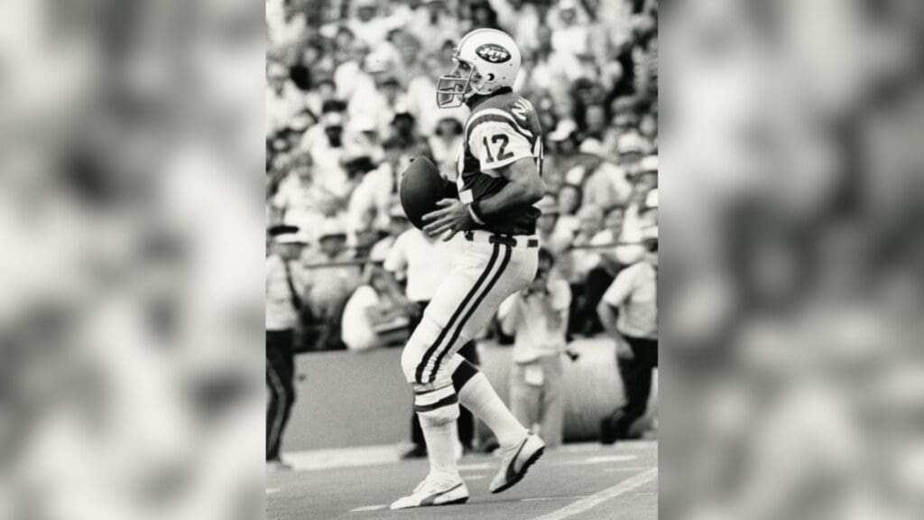 Unknown date and location; USA; FILE PHOTO; New York Jets quarterback Joe Namath (12) drops back to pass.
