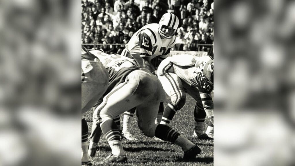 Sep 10, 1967; Buffalo, NY, USA; FILE PHOTO; New York Jets quarterback Joe Namath (12) in action against the Buffalo Bills at War Memorial Stadium.