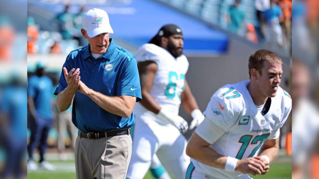 Oct 26, 2014; Jacksonville, FL, USA; Miami Dolphins head coach Joe Philbin (L) talks to quarterback Ryan Tannehill (17) prior to the game against the Jacksonville Jaguars at EverBank Field.