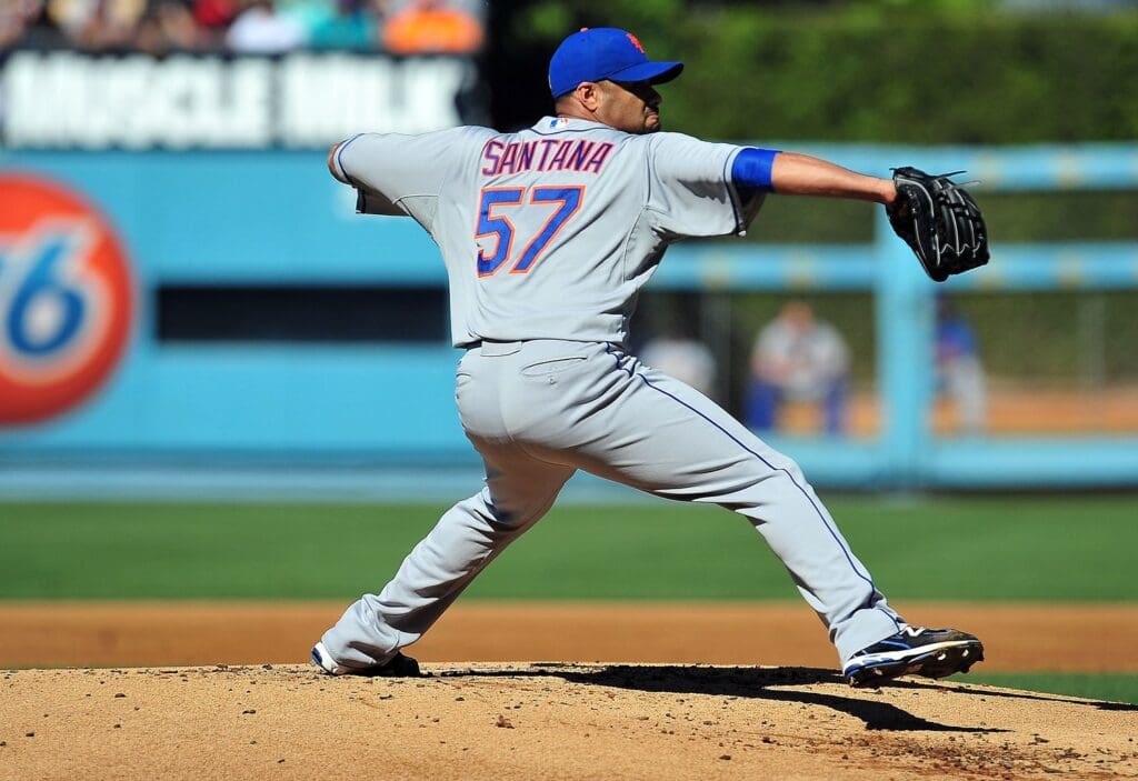 June 30, 2012; Los Angeles, CA, USA; New York Mets starting pitcher Johan Santana (57) pitches in the first inning against the Los Angeles Dodgers at Dodger Stadium. 