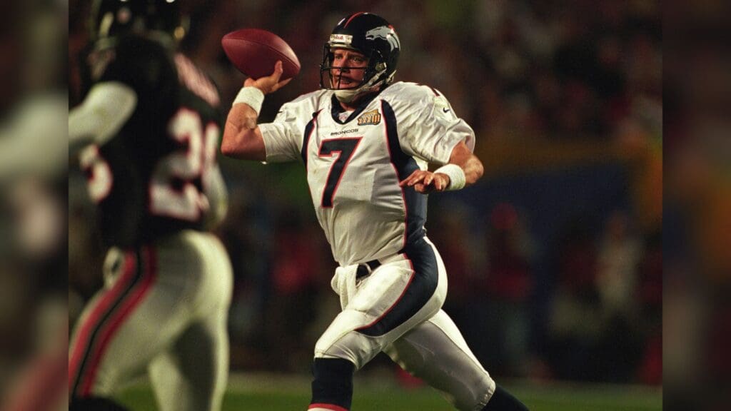 Jan 31, 1999; Miami, FL, USA; FILE PHOTO; Denver Broncos quarterback John Elway (7) in action against the Atlanta Falcons during Super Bowl XXXIII at Dolphin Stadium. The Broncos defeated the Falcons 34-19.