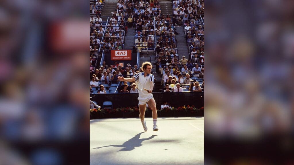 Sep 13, 1981; New York City, New York, USA: FILE PHOTO; John McEnroe (USA) hits a backhand groundstroke against Bj rn Borg (SWE) (not pictured) during the 1994 US Open Men's Final at the USTA National Tennis Center. McEnroe defeated Borg (4-6, 6-2, 6-4, 6-3).
