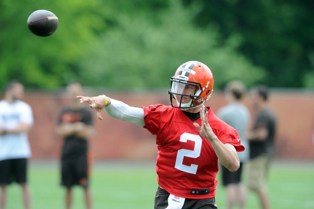 May 26, 2015; Berea, OH, USA; Cleveland Browns quarterback Johnny Manziel (2) during organized team activities at the Cleveland Browns training facility.