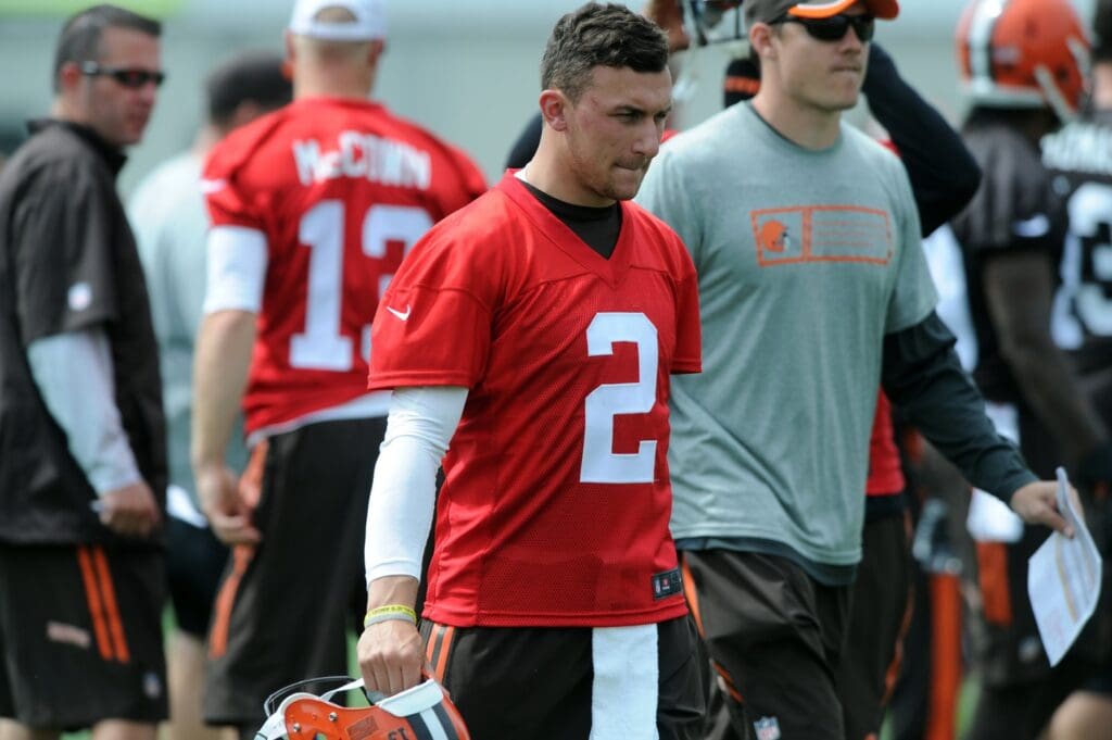 May 26, 2015; Berea, OH, USA; Cleveland Browns quarterback Johnny Manziel (2) during organized team activities at the Cleveland Browns training facility.
