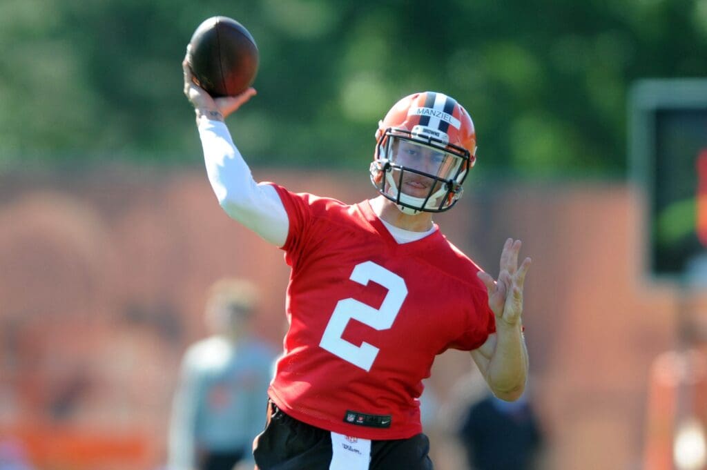 Jul 30, 2015; Berea, OH, USA; Cleveland Browns quarterback Johnny Manziel (2) throws a pass during training camp at the Cleveland Browns practice facility.