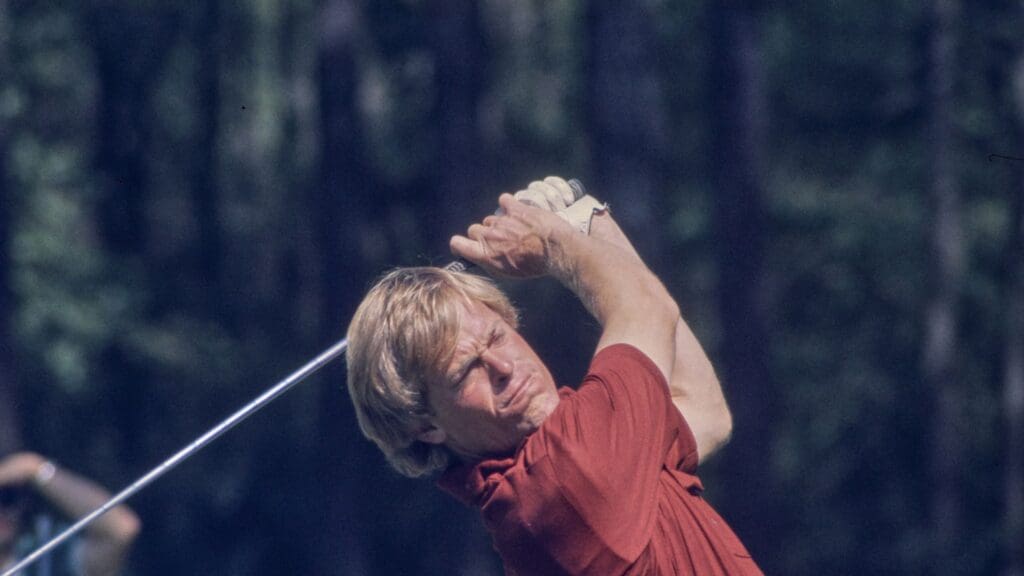 04/10/1975; Augusta, Georgia, USA; Johnny Miller watches ball after teeing off at the Augusta National Golf Course during the 1975 Masters