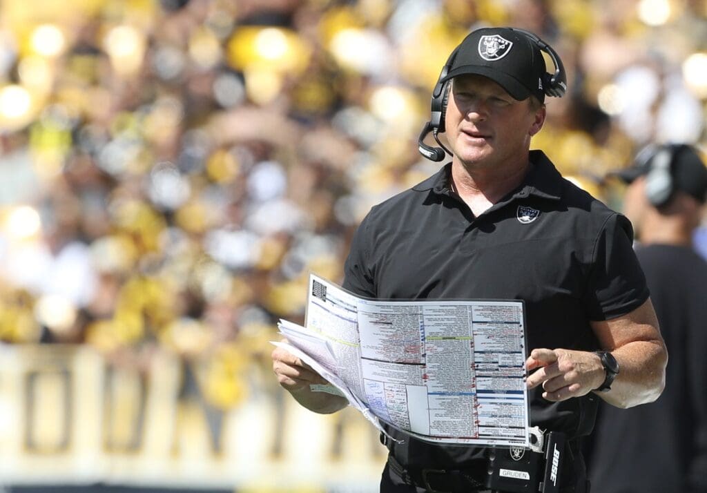 Sep 19, 2021; Pittsburgh, Pennsylvania, USA; Las Vegas Raiders head coach Jon Gruden looks on from the sidelines against the Pittsburgh Steelers during the second quarter at Heinz Field. Las Vegas won 26-17.