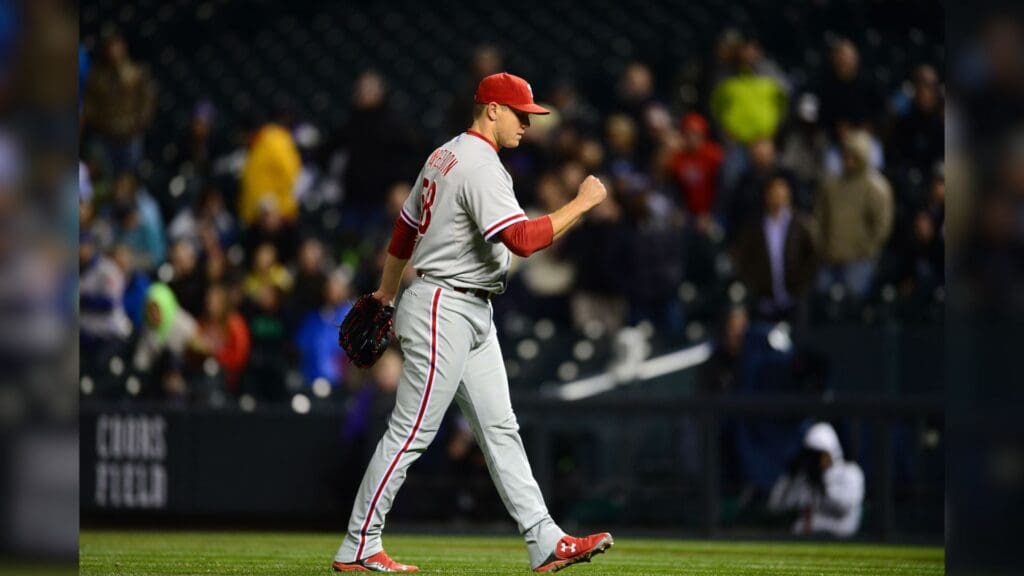 May 20, 2015; Denver, CO, USA; Philadelphia Phillies relief pitcher Jonathan Papelbon (58) celebrates the win over the Colorado Rockies at Coors Field. The Phillies defeated the Rockies 4-2.