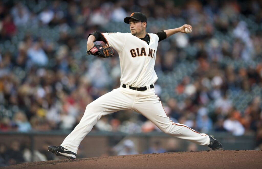 Aug. 5, 2008; San Francisco, CA, USA; San Francisco Giants pitcher Jonathan Sanchez (53) delivers a pitch against the Atlanta Braves during the first inning at AT&T Park in San Francisco, CA.
